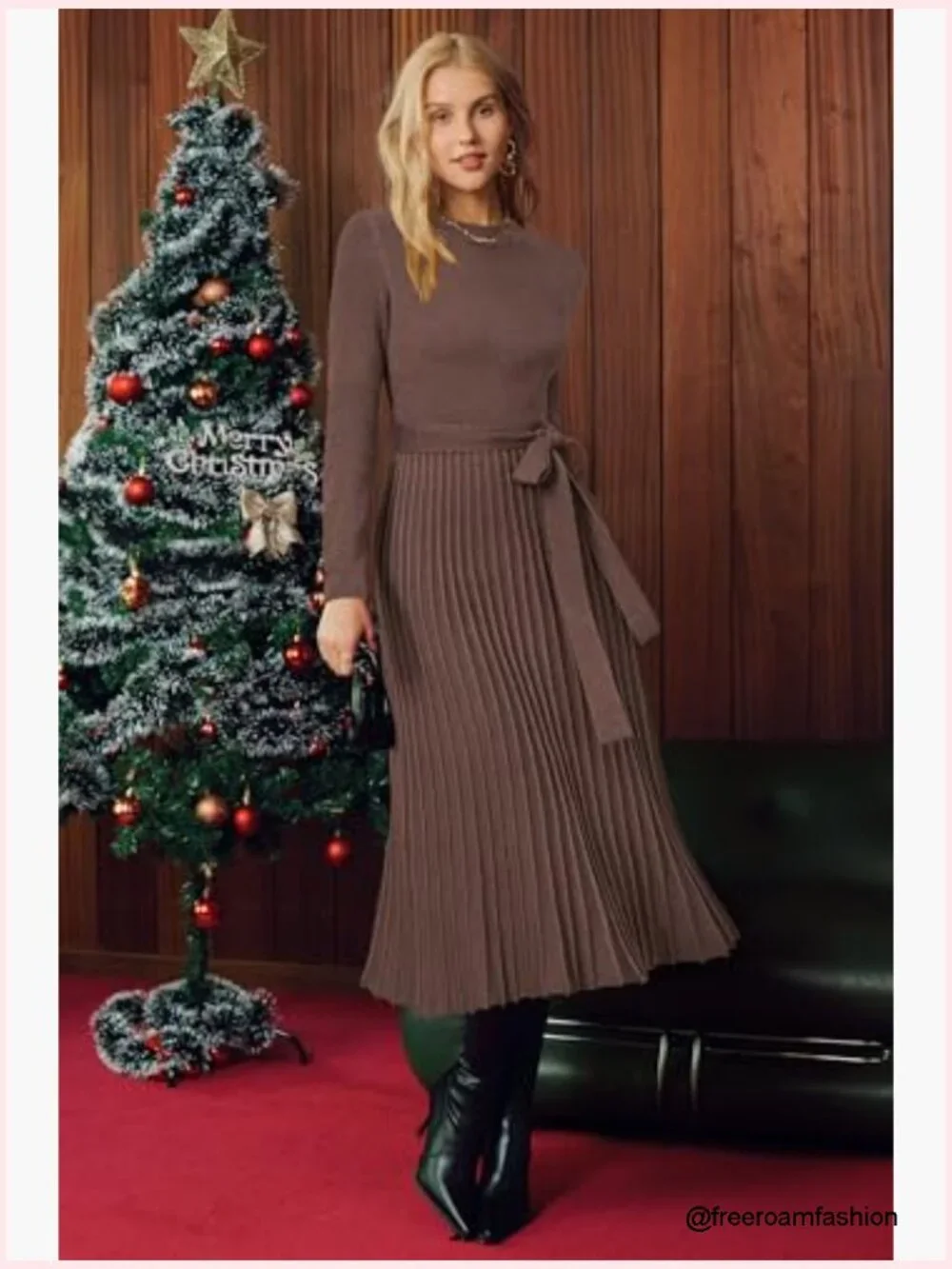 Wool Blend Mock Neck Tie Waist Pleated Sweater Dress - Picture 3 of 7
